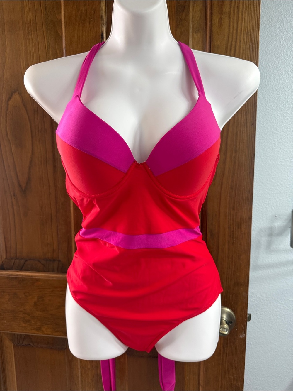 Hot Pink and Red Halter One-Piece Swimsuit